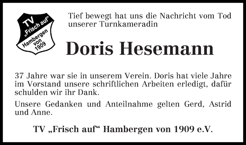 Traueranzeige von Doris Hesemann von Osterholzer Kreisblatt