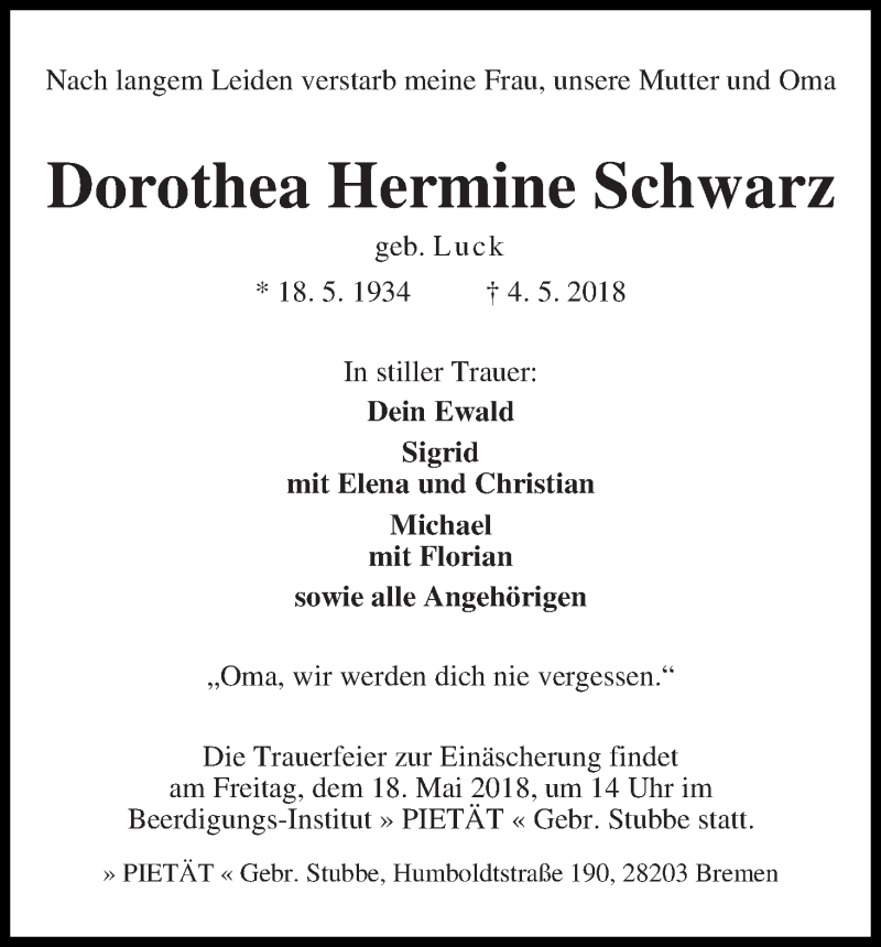 Traueranzeige von Dorothea Hermine Schwarz von WESER-KURIER