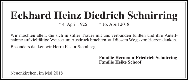 Traueranzeige von Eckhard Heinz Diedrich Schnirring von Die Norddeutsche