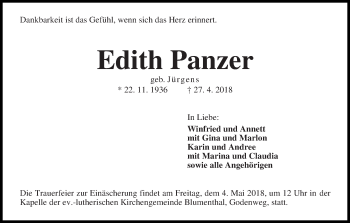 Traueranzeige von Edith Panzer