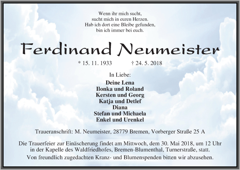  Traueranzeige für Ferdinand Neumeister vom 26.05.2018 aus Die Norddeutsche