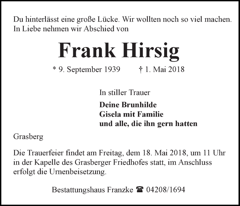 Traueranzeige von Frank Hirsig von WESER-KURIER