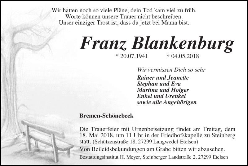  Traueranzeige für Franz Blankenburg vom 16.05.2018 aus WESER-KURIER