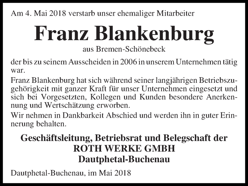  Traueranzeige für Franz Blankenburg vom 18.05.2018 aus Die Norddeutsche