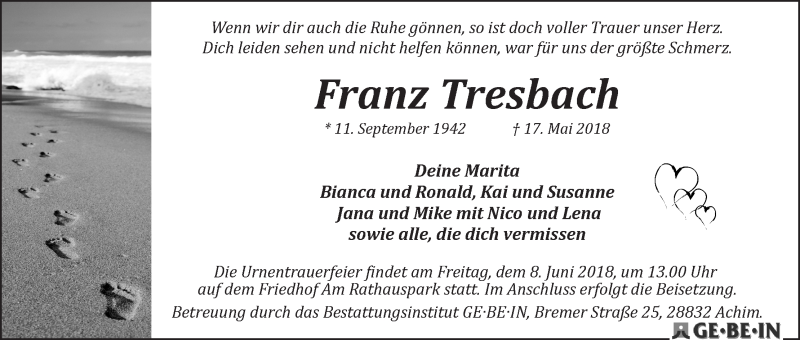 Traueranzeige von Franz Tresbach von Achimer Kurier/Verdener Nachrichten