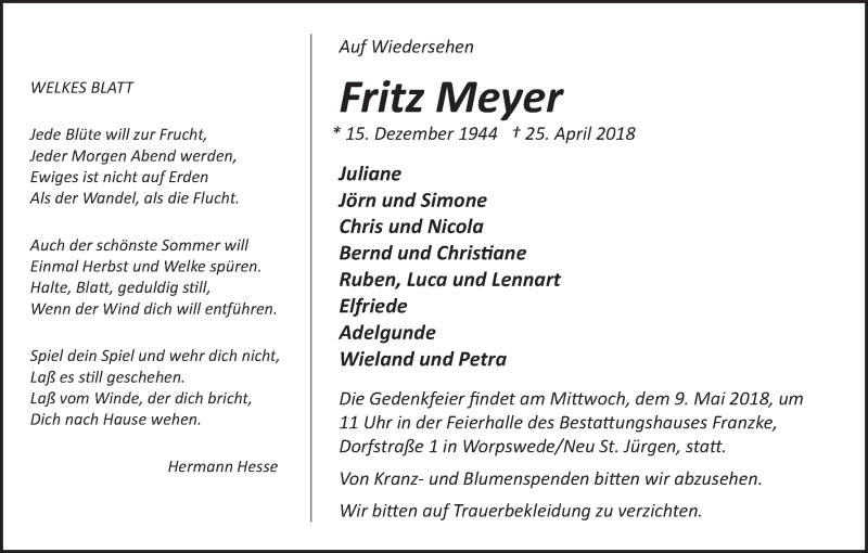 Traueranzeige von Fritz Meyer von Osterholzer Kreisblatt