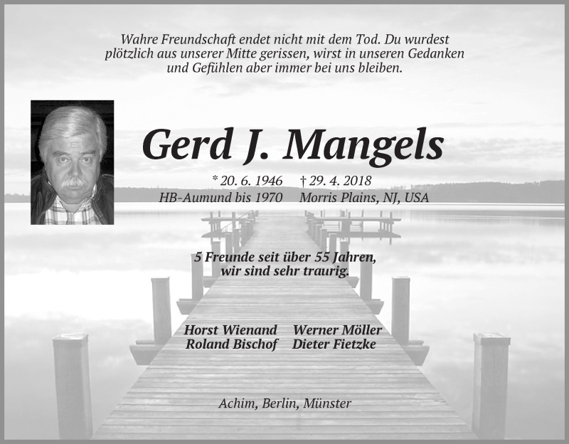  Traueranzeige für Gerd J. Mangels vom 12.05.2018 aus Die Norddeutsche