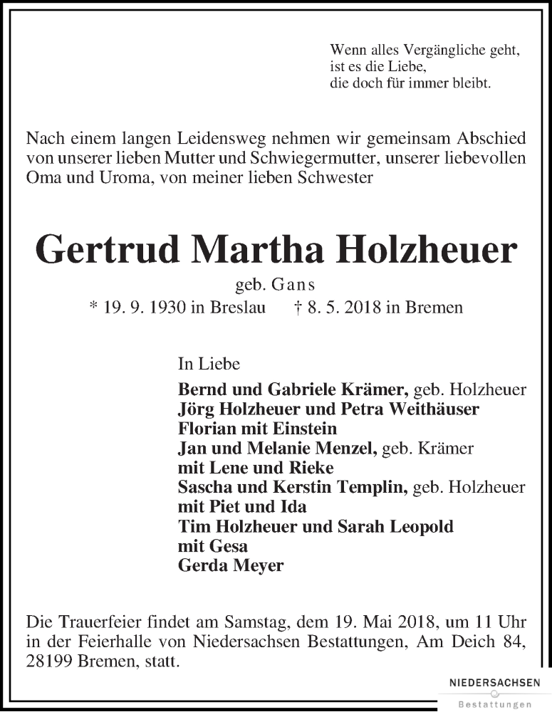 Traueranzeige von Gertrud Martha Holzheuer von WESER-KURIER