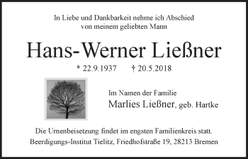 Traueranzeige von Hans-Werner Ließner