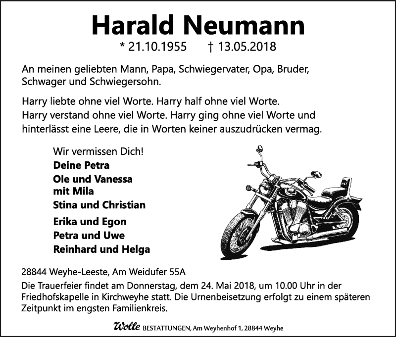  Traueranzeige für Harald Neumann vom 19.05.2018 aus Regionale Rundschau/Syker Kurier