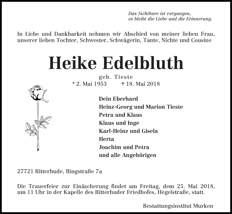  Traueranzeige für Heike Edelbluth vom 23.05.2018 aus Osterholzer Kreisblatt