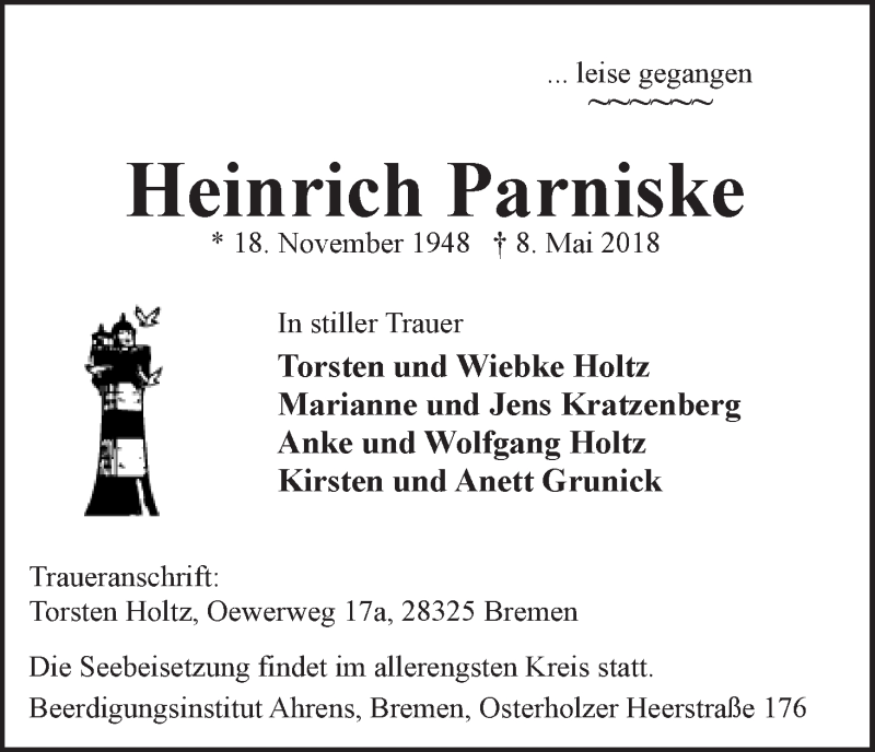 Traueranzeige von Heinrich Parniske von WESER-KURIER