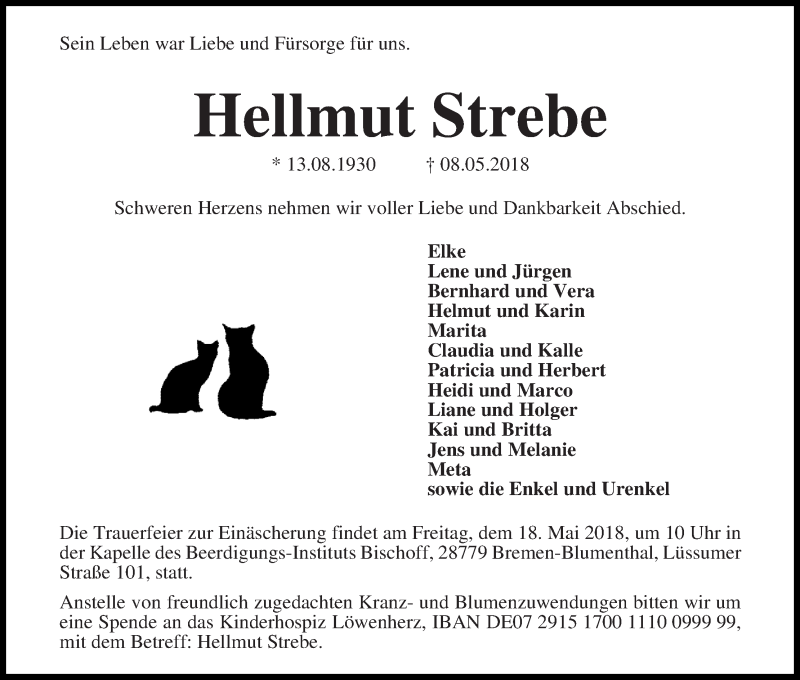  Traueranzeige für Hellmut Strebe vom 12.05.2018 aus Die Norddeutsche