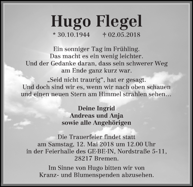  Traueranzeige für Hugo Flegel vom 09.05.2018 aus WESER-KURIER
