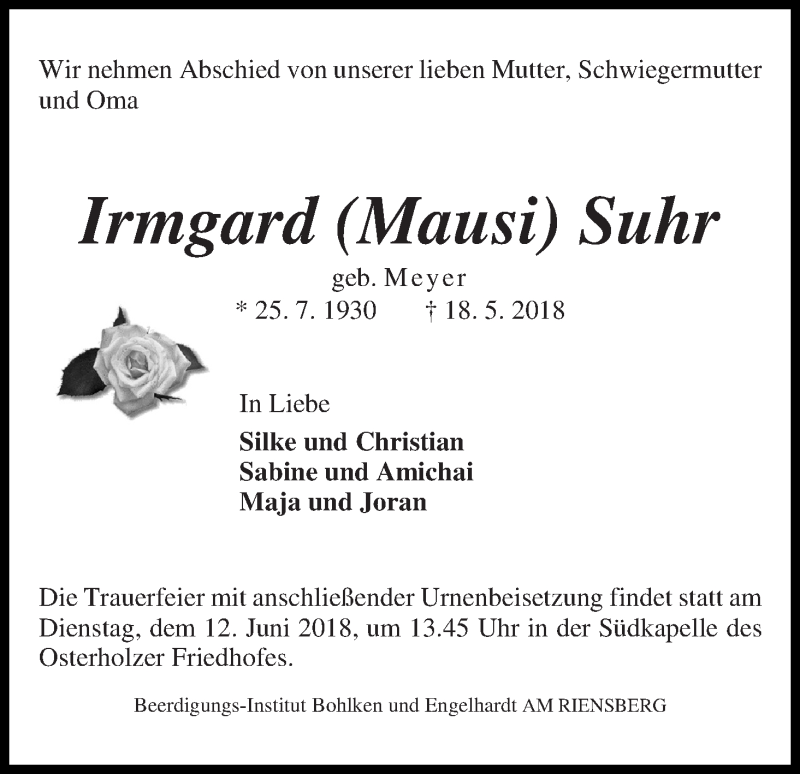  Traueranzeige für Irmgard Suhr vom 26.05.2018 aus WESER-KURIER