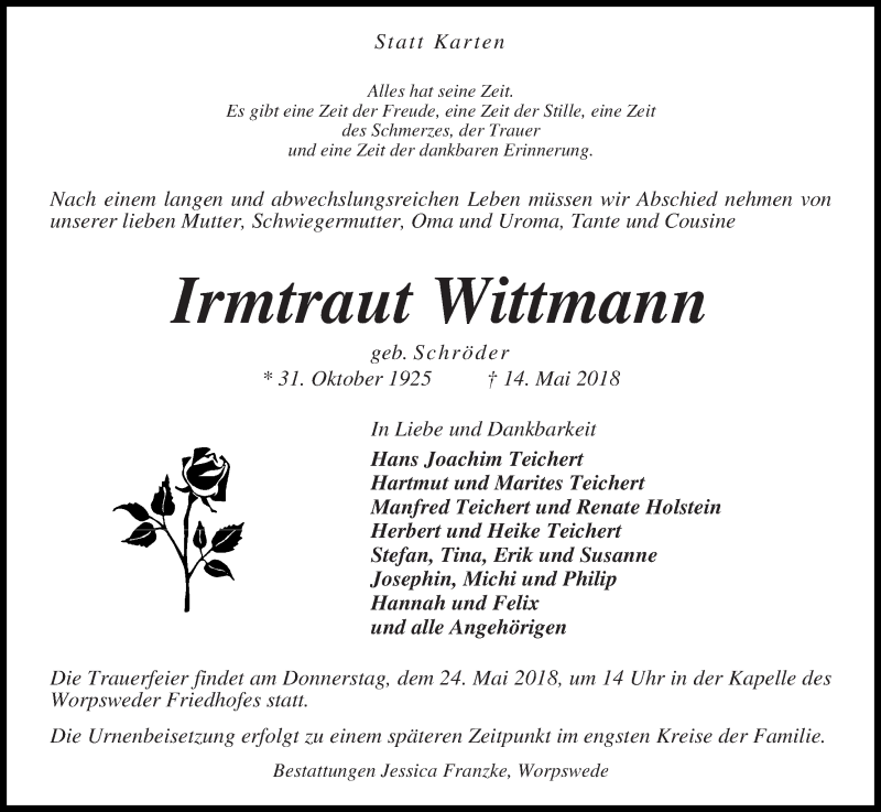  Traueranzeige für Irmtraut Wittmann vom 17.05.2018 aus Wuemme Zeitung