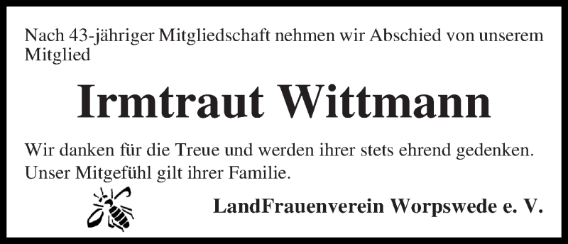  Traueranzeige für Irmtraut Wittmann vom 18.05.2018 aus Wuemme Zeitung