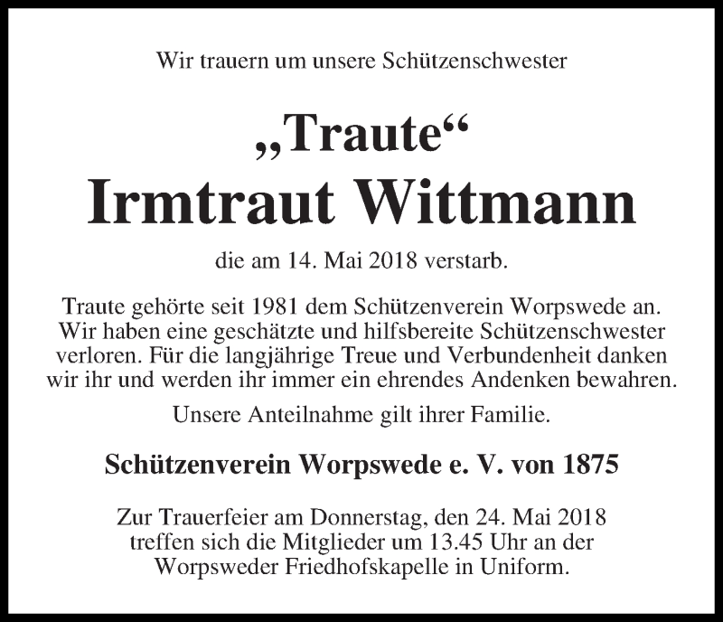  Traueranzeige für Irmtraut Wittmann vom 18.05.2018 aus Wuemme Zeitung