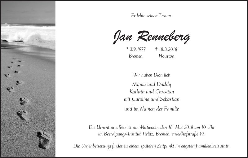  Traueranzeige für Jan Renneberg vom 05.05.2018 aus WESER-KURIER