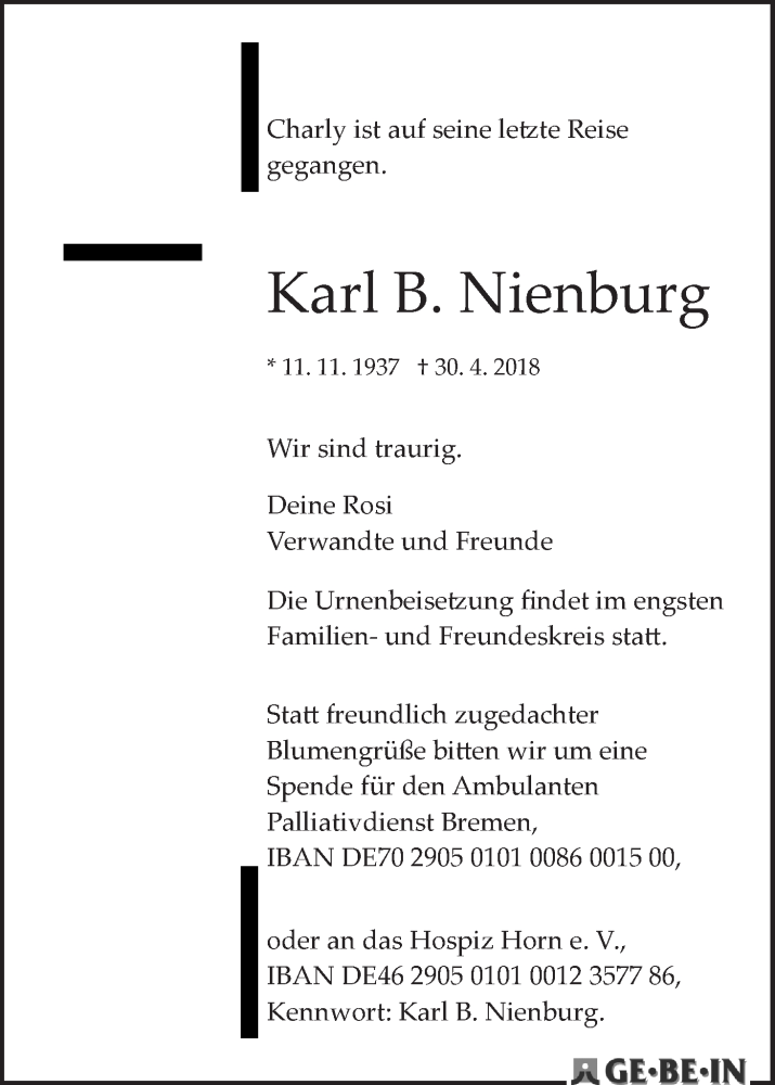 Traueranzeige von Karl B. Nienburg von WESER-KURIER