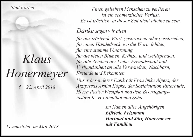 Traueranzeige für Klaus Honermeyer vom 26.05.2018 aus Osterholzer Kreisblatt