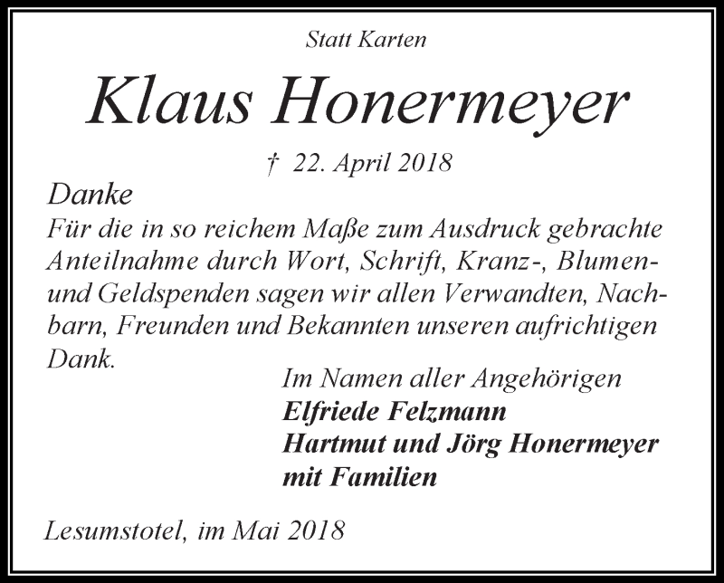  Traueranzeige für Klaus Honermeyer vom 26.05.2018 aus Die Norddeutsche