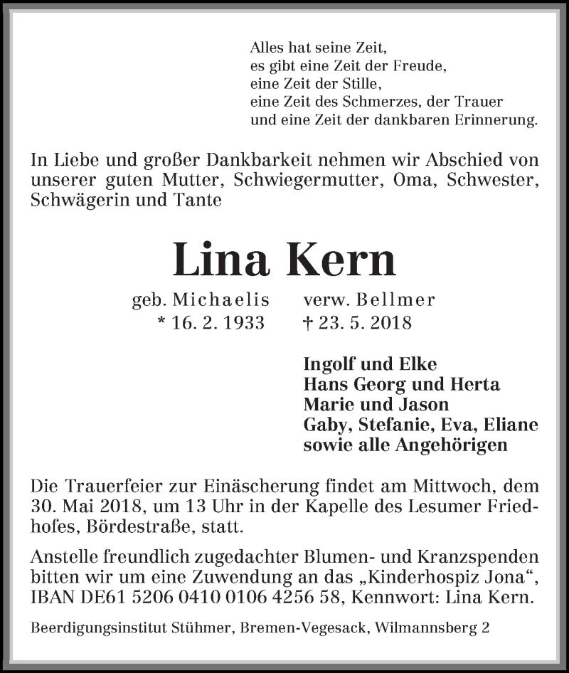  Traueranzeige für Lina Kern vom 26.05.2018 aus Die Norddeutsche