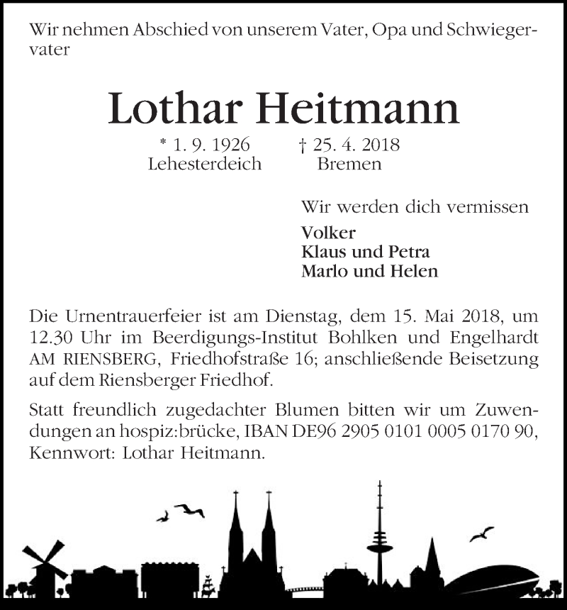 Traueranzeige von Lothar Heitmann von WESER-KURIER
