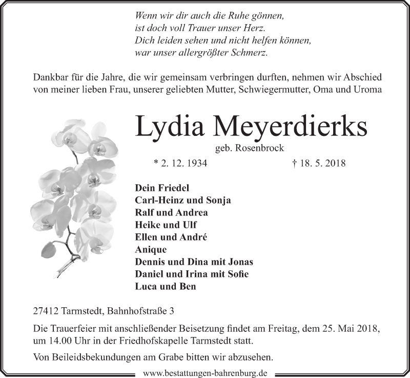  Traueranzeige für Lydia Meyerdierks vom 22.05.2018 aus Wuemme Zeitung