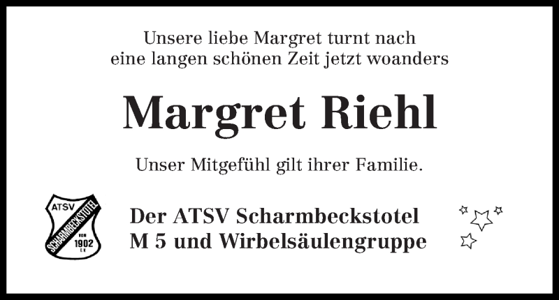  Traueranzeige für Margret Riehl vom 07.05.2018 aus Osterholzer Kreisblatt
