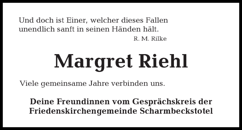  Traueranzeige für Margret Riehl vom 08.05.2018 aus Osterholzer Kreisblatt