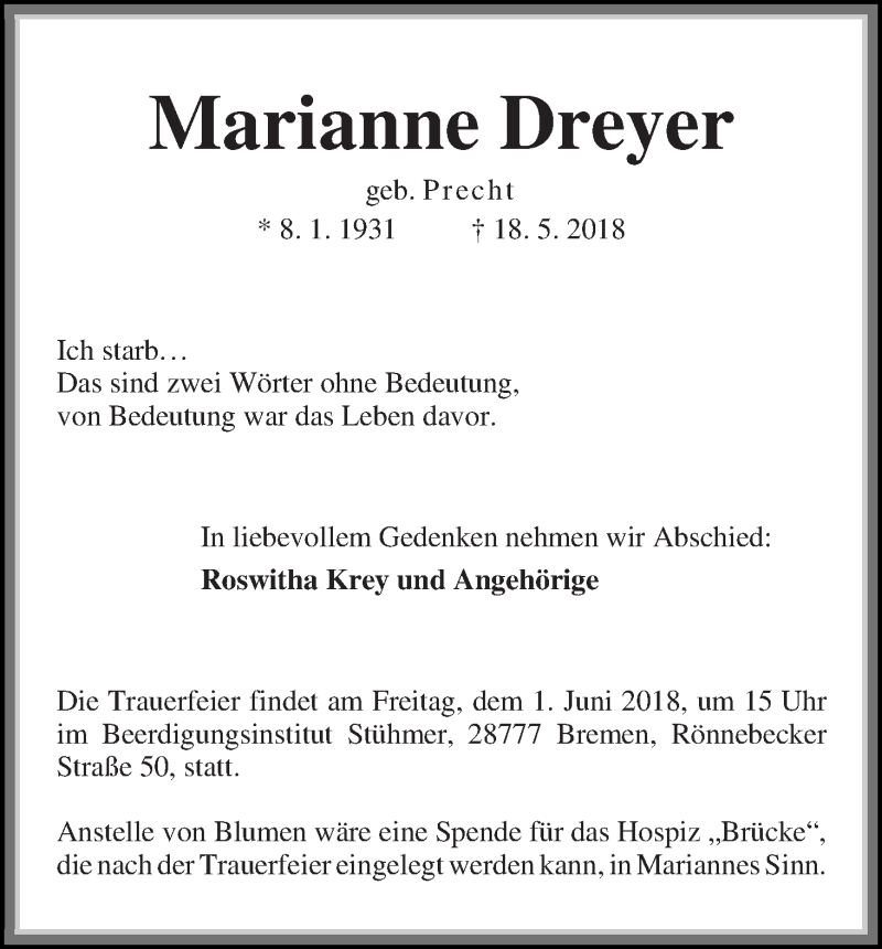  Traueranzeige für Marianne Dreyer vom 26.05.2018 aus Die Norddeutsche