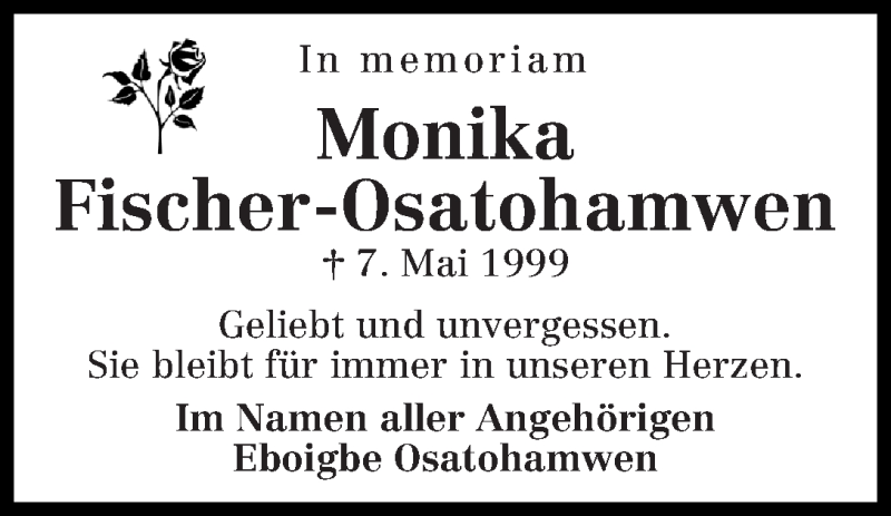  Traueranzeige für Monika Fischer-Osatohamwen vom 07.05.2018 aus WESER-KURIER