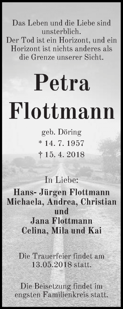  Traueranzeige für Petra Flottmann vom 05.05.2018 aus WESER-KURIER