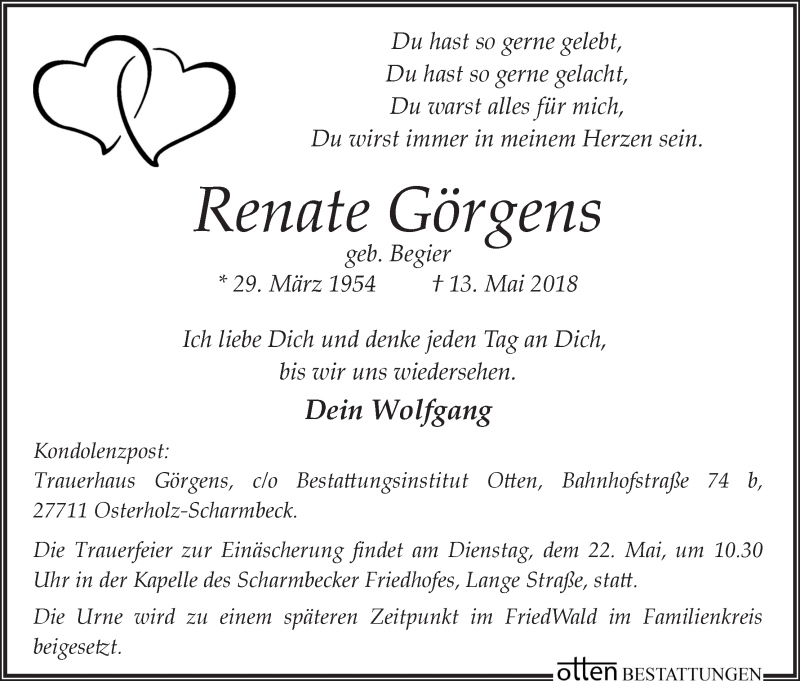  Traueranzeige für Renate Görgens vom 16.05.2018 aus Osterholzer Kreisblatt