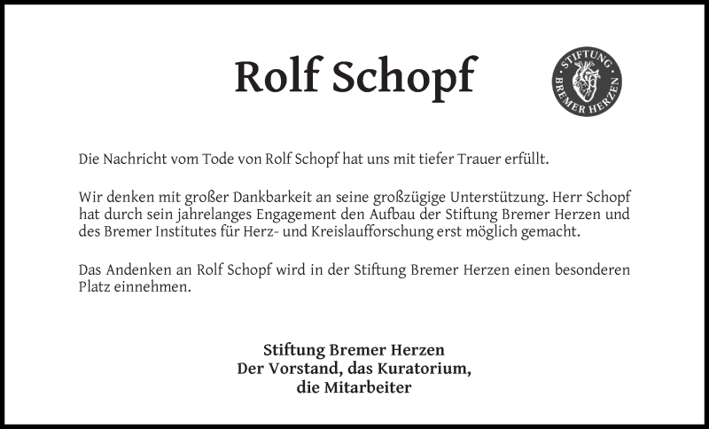  Traueranzeige für Rolf Schopf vom 19.05.2018 aus WESER-KURIER