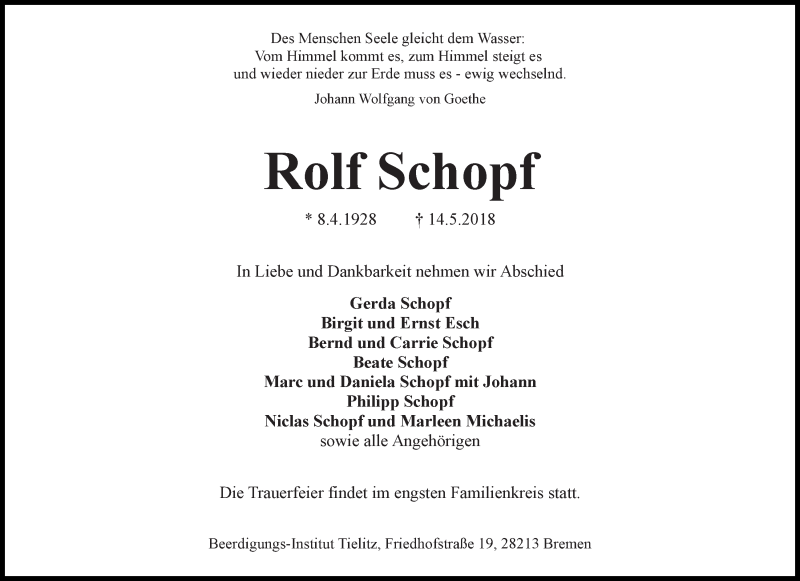  Traueranzeige für Rolf Schopf vom 19.05.2018 aus WESER-KURIER