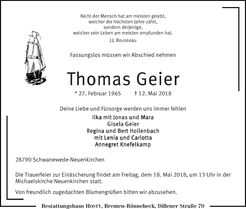  Traueranzeige für Thomas Geier vom 16.05.2018 aus Die Norddeutsche