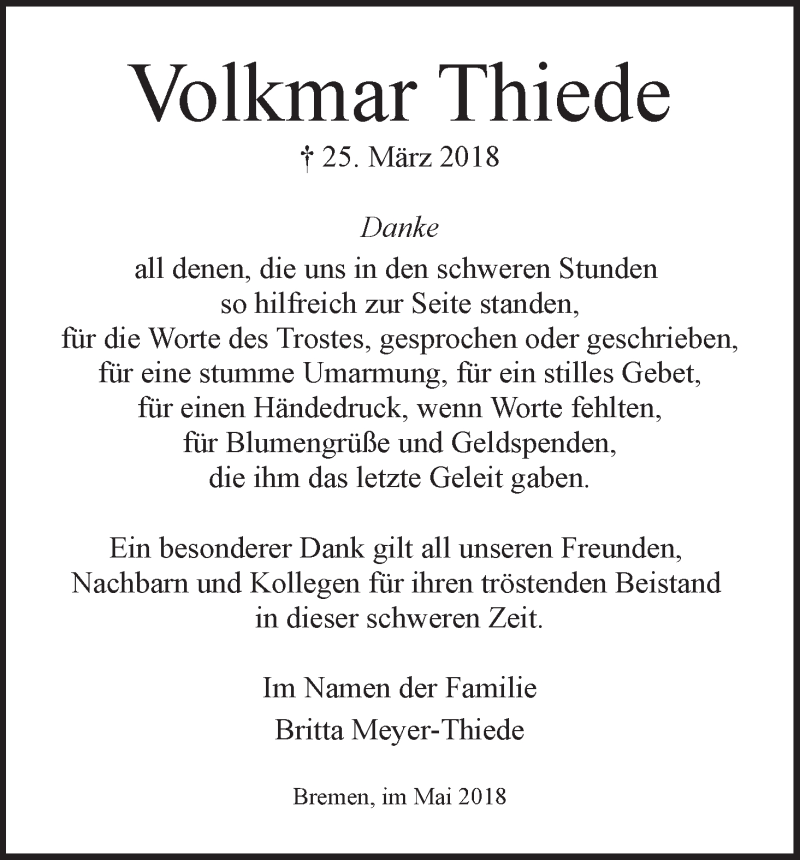  Traueranzeige für Volkmar Thiede vom 05.05.2018 aus WESER-KURIER