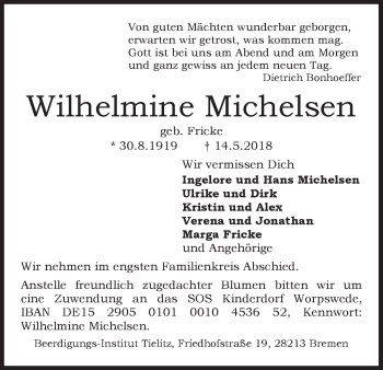 Traueranzeige von Wilhelmine Michelsen