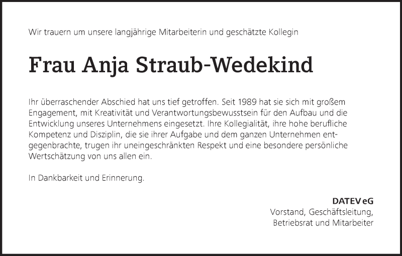  Traueranzeige für Anja Straub-Wedekind vom 21.06.2018 aus WESER-KURIER