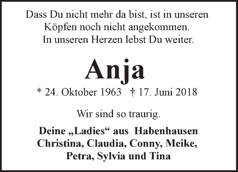 Traueranzeige für Anja Straub-Wedekind vom 20.06.2018 aus WESER-KURIER