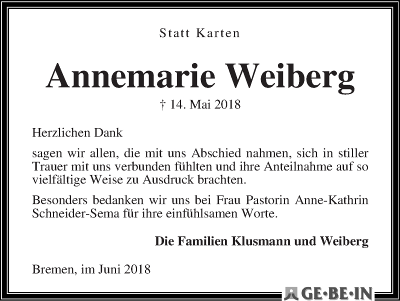  Traueranzeige für Annemarie Weiberg vom 02.06.2018 aus WESER-KURIER