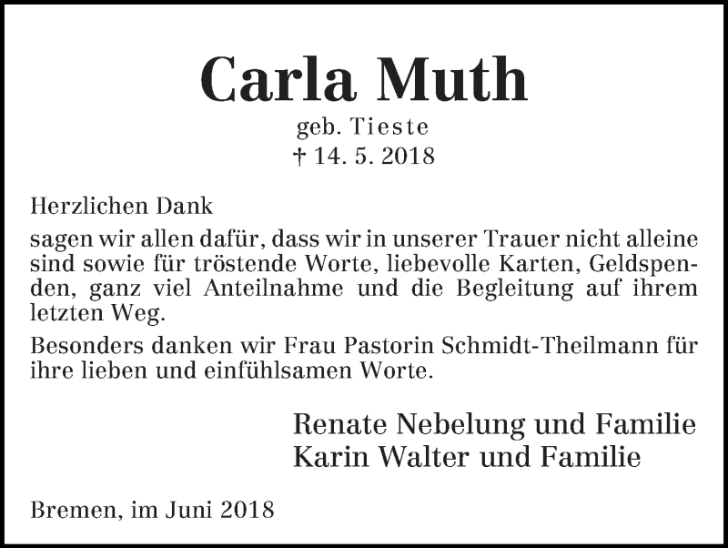  Traueranzeige für Carla Muth vom 16.06.2018 aus WESER-KURIER