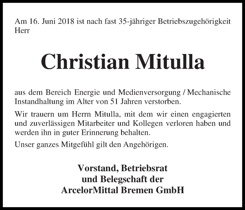  Traueranzeige für Christian Mitulla vom 21.06.2018 aus WESER-KURIER