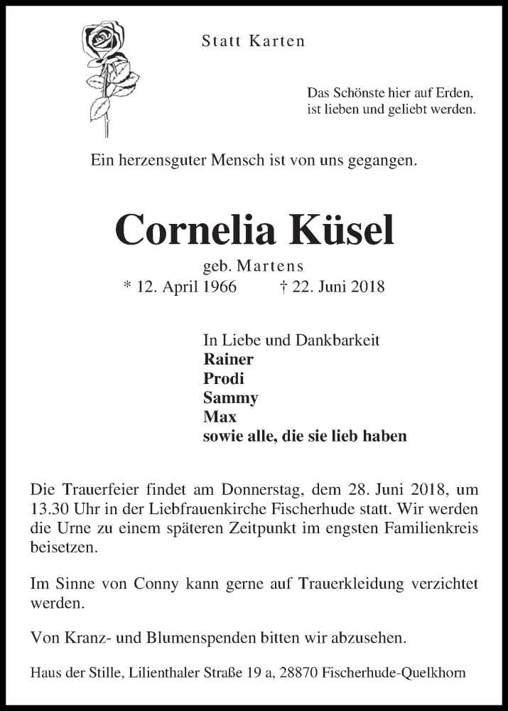  Traueranzeige für Cornelia Küsel vom 26.06.2018 aus WESER-KURIER