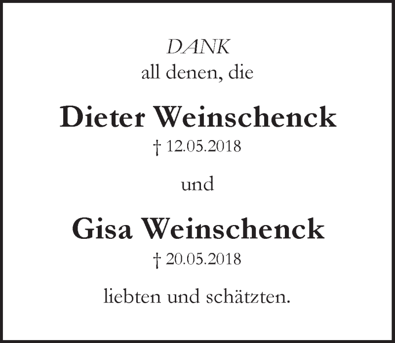 Traueranzeige von Dieter und Gisa Weinschenck von WESER-KURIER