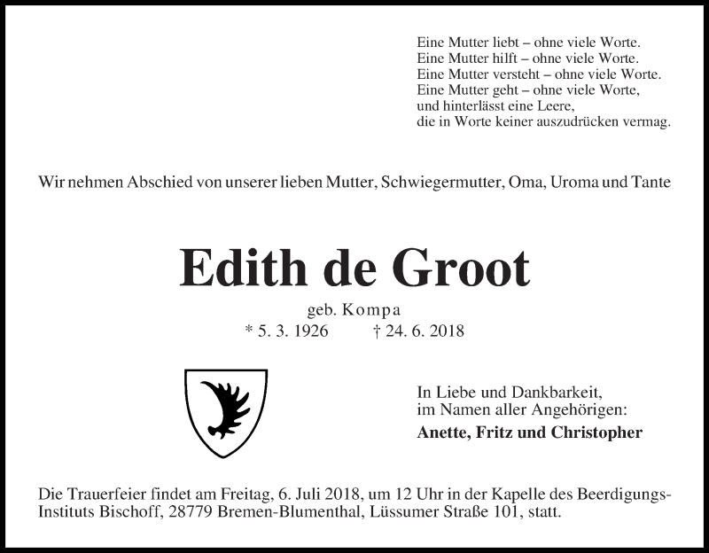  Traueranzeige für Edith de Groot vom 30.06.2018 aus Die Norddeutsche