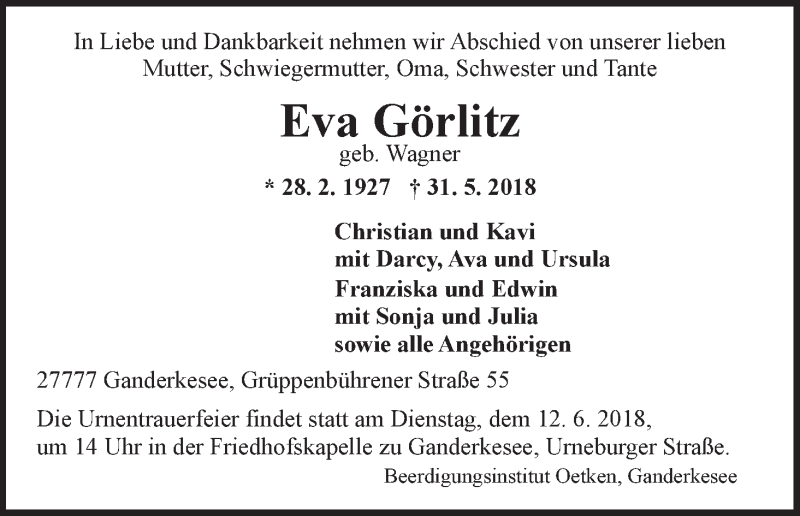 Traueranzeige von Eva Görlitz von WESER-KURIER