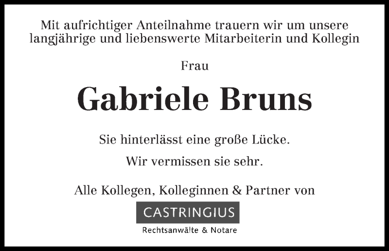 Traueranzeige von Gabriele Bruns von WESER-KURIER